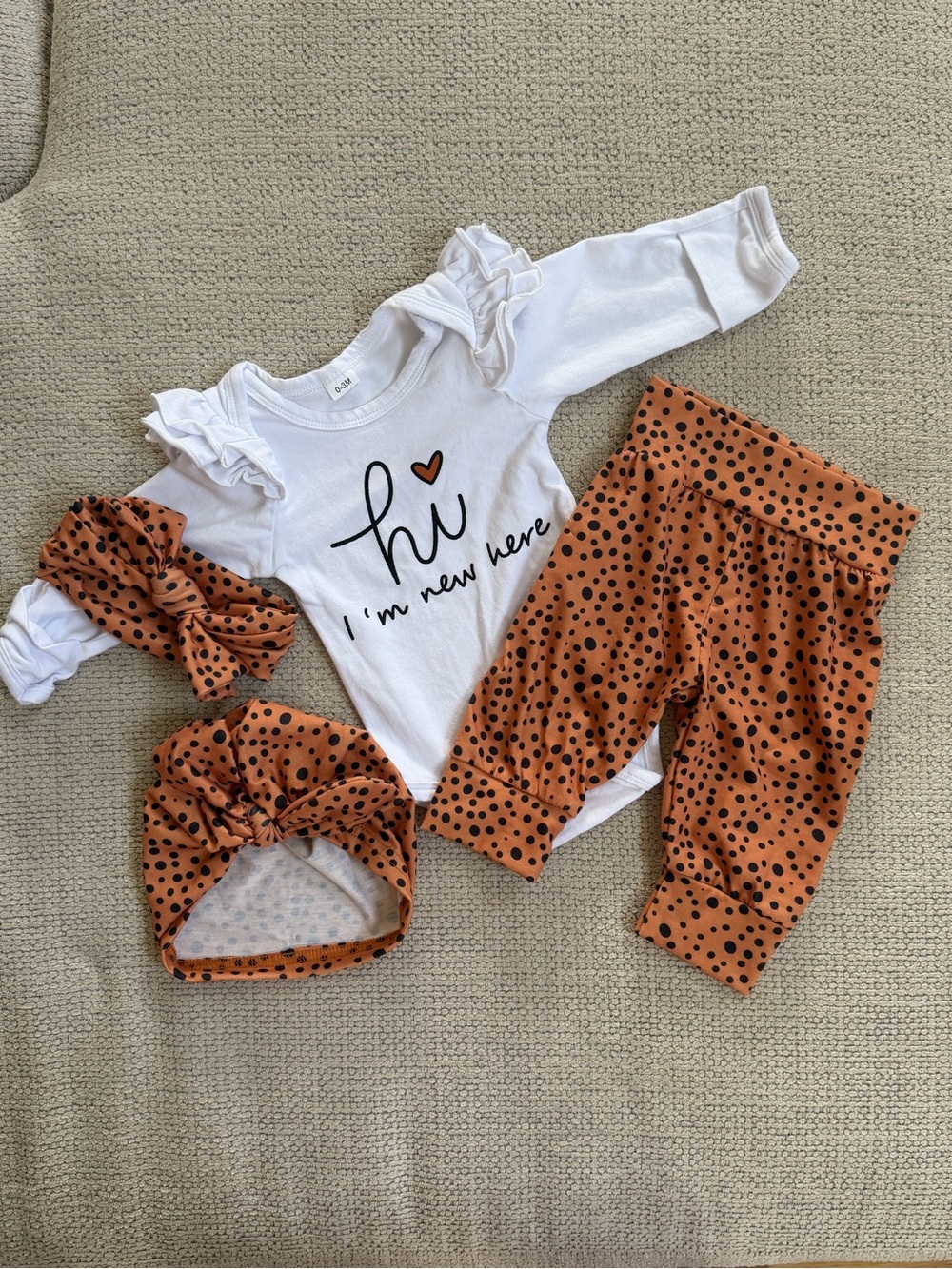 Kids Orange Polka Dot Pant & Headband Set with White 'Hi I'm New Here' Bodysuit